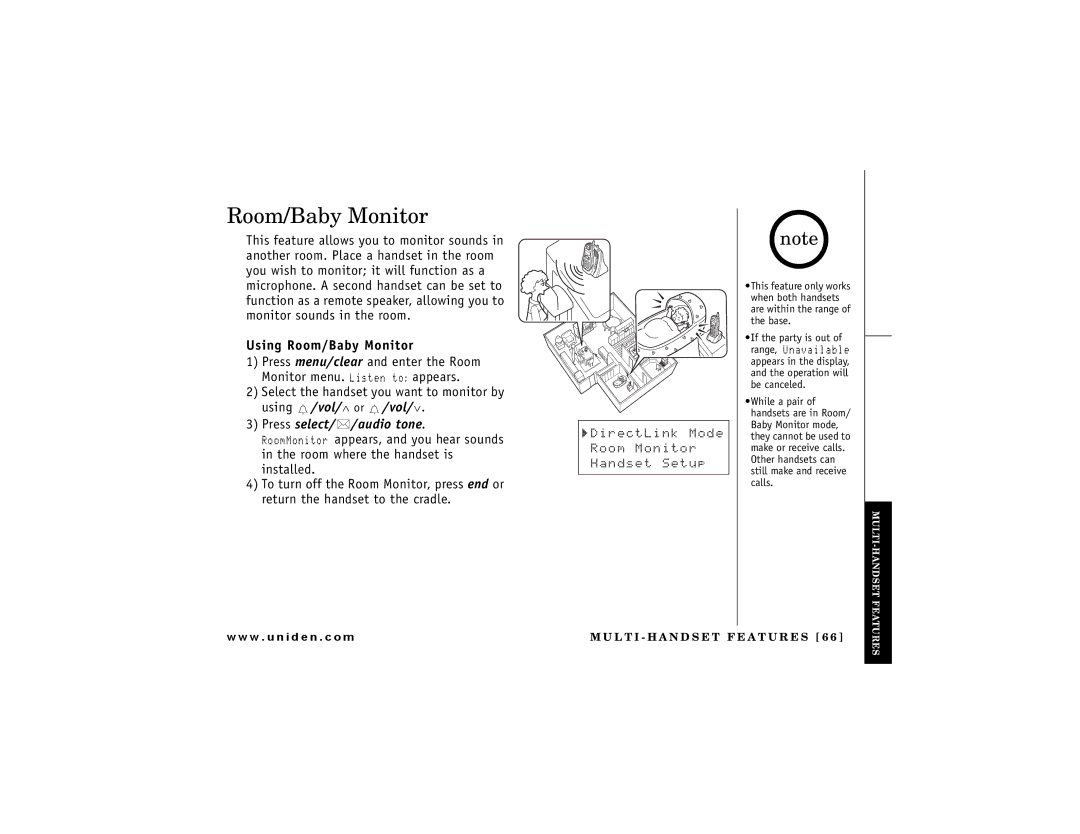 Uniden DCT 748 owner manual Using Room/Baby Monitor, KTGEV.KPM/QFG 4QQO/QPKVQT *CPFUGV5GVWR 