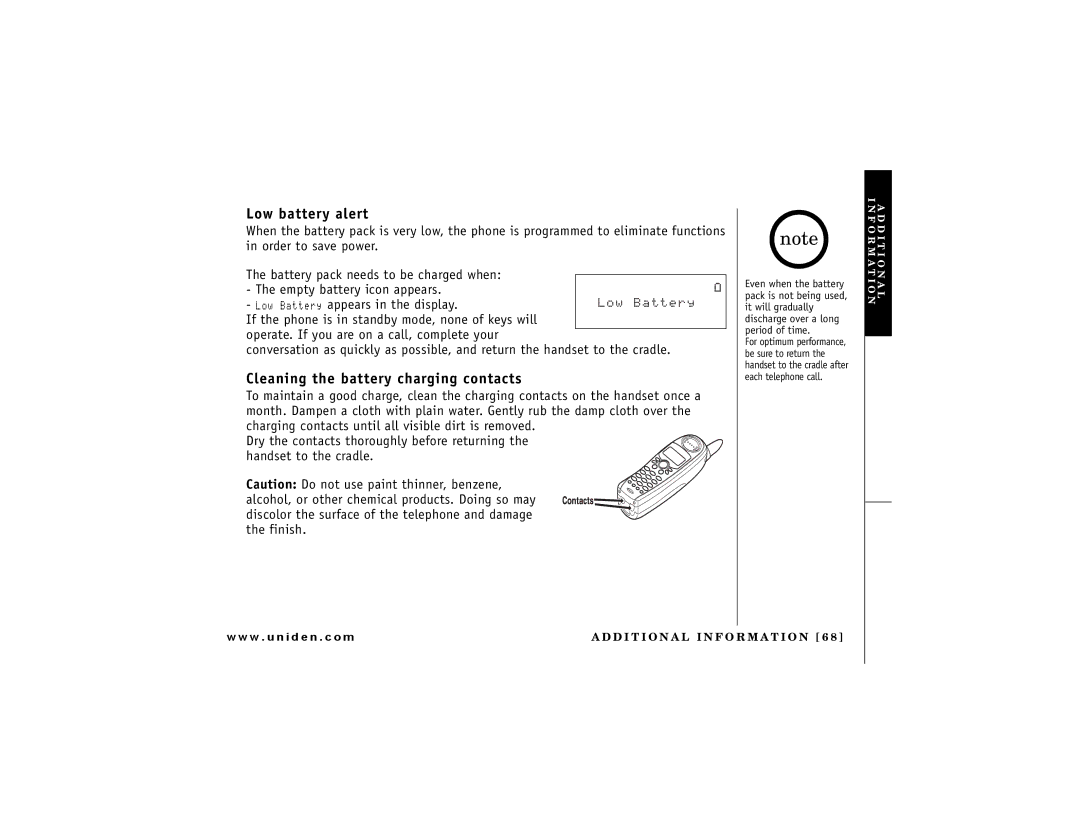 Uniden DCT 748 owner manual Low battery alert, Cleaning the battery charging contacts 