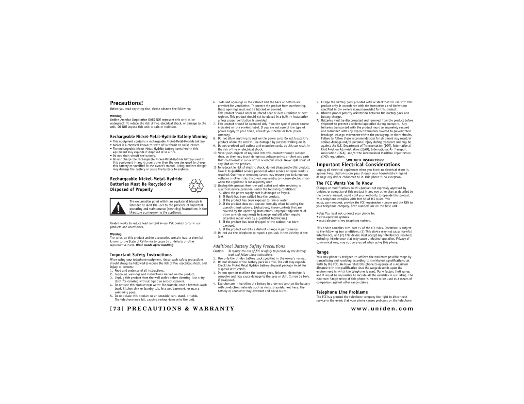 Uniden DCT 748 owner manual Precautions 