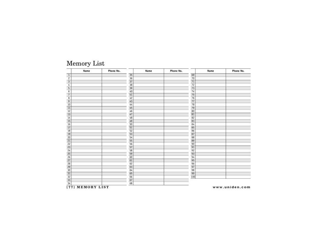 Uniden DCT 748 owner manual Memory List 