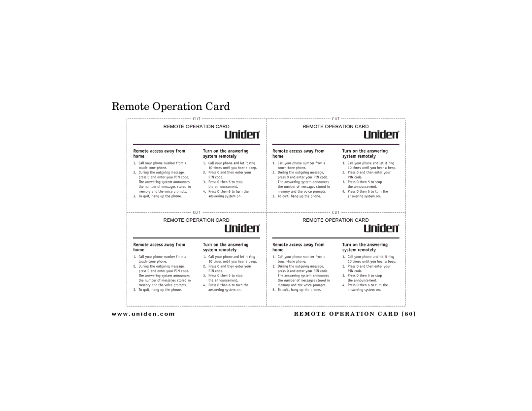 Uniden DCT 748 owner manual Remote Operation Card, Remote access away from home 