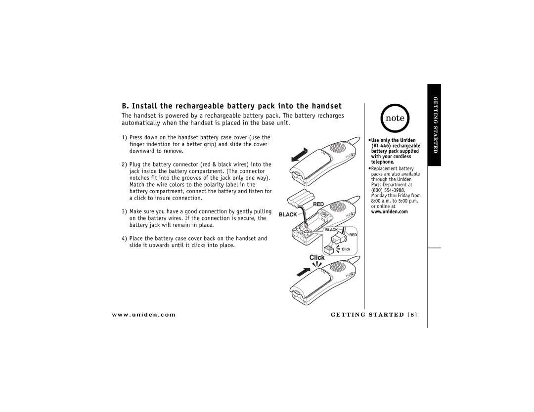 Uniden DCT 748 owner manual Install the rechargeable battery pack into the handset 