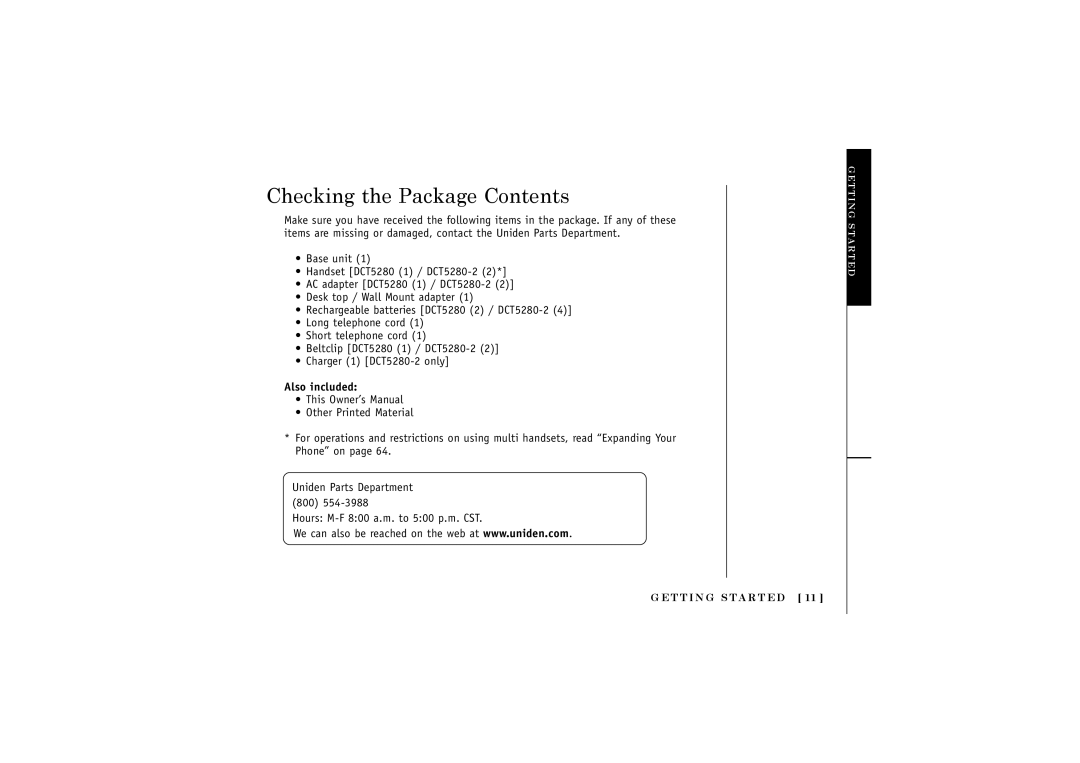 Uniden DCT5280 manual Checking the Package Contents 