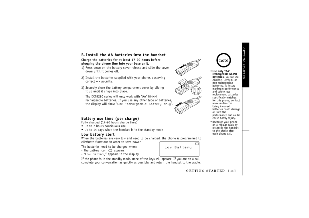 Uniden DCT5280 Install the AA batteries into the handset, Battery use time per charge, Low battery alert, W B a t t e r y 