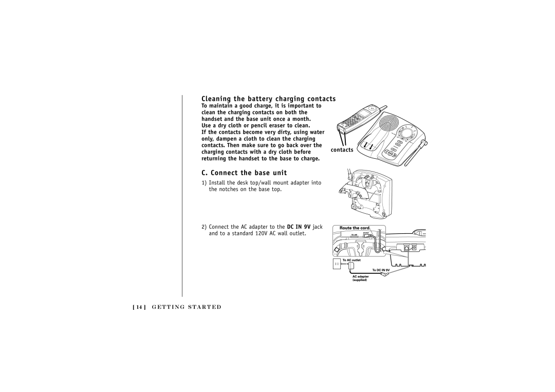 Uniden DCT5280 Cleaning the battery charging contacts, Connect the base unit, Charging contacts with a dry cloth before 