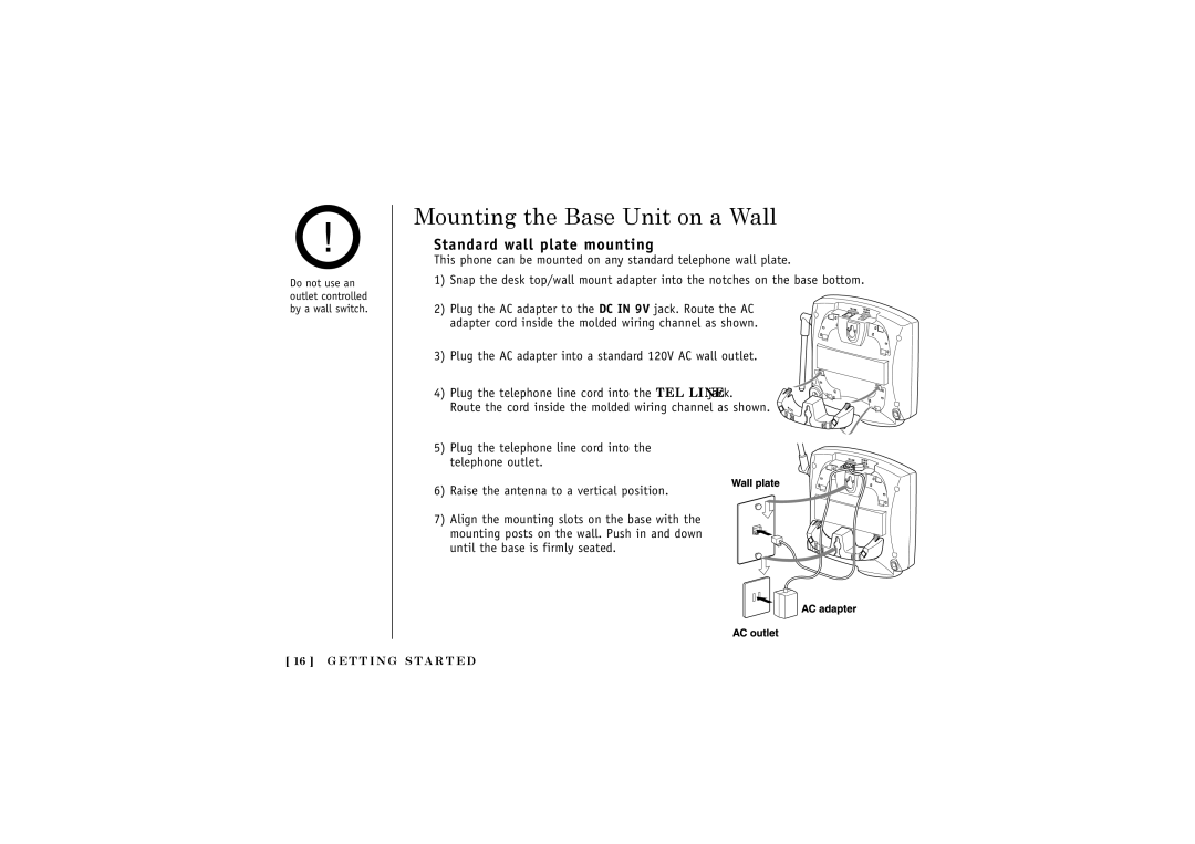 Uniden DCT5280 manual Mounting the Base Unit on a Wall, Standard wall plate mounting 