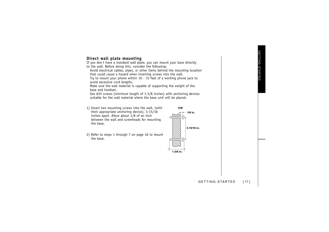 Uniden DCT5280 manual Direct wall plate mounting 