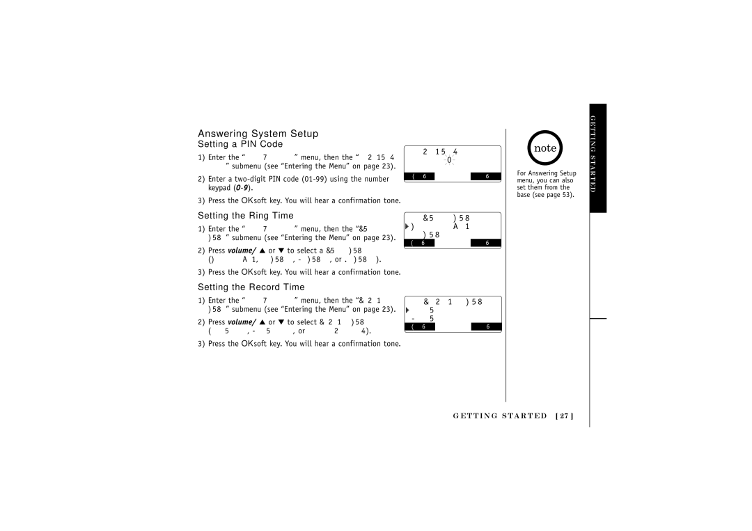 Uniden DCT5280 manual Answering System Setup, Setting a PIN Code, Setting the Ring Time, Setting the Record Time 