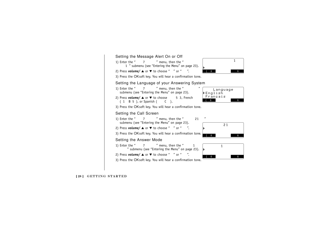 Uniden DCT5280 Setting the Message Alert On or Off, Setting the Language of your Answering System, Setting the Call Screen 