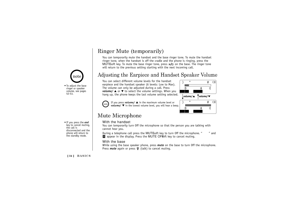 Uniden DCT5280 manual Ringer Mute temporarily, Mute Microphone, With the handset, L k, With the base 