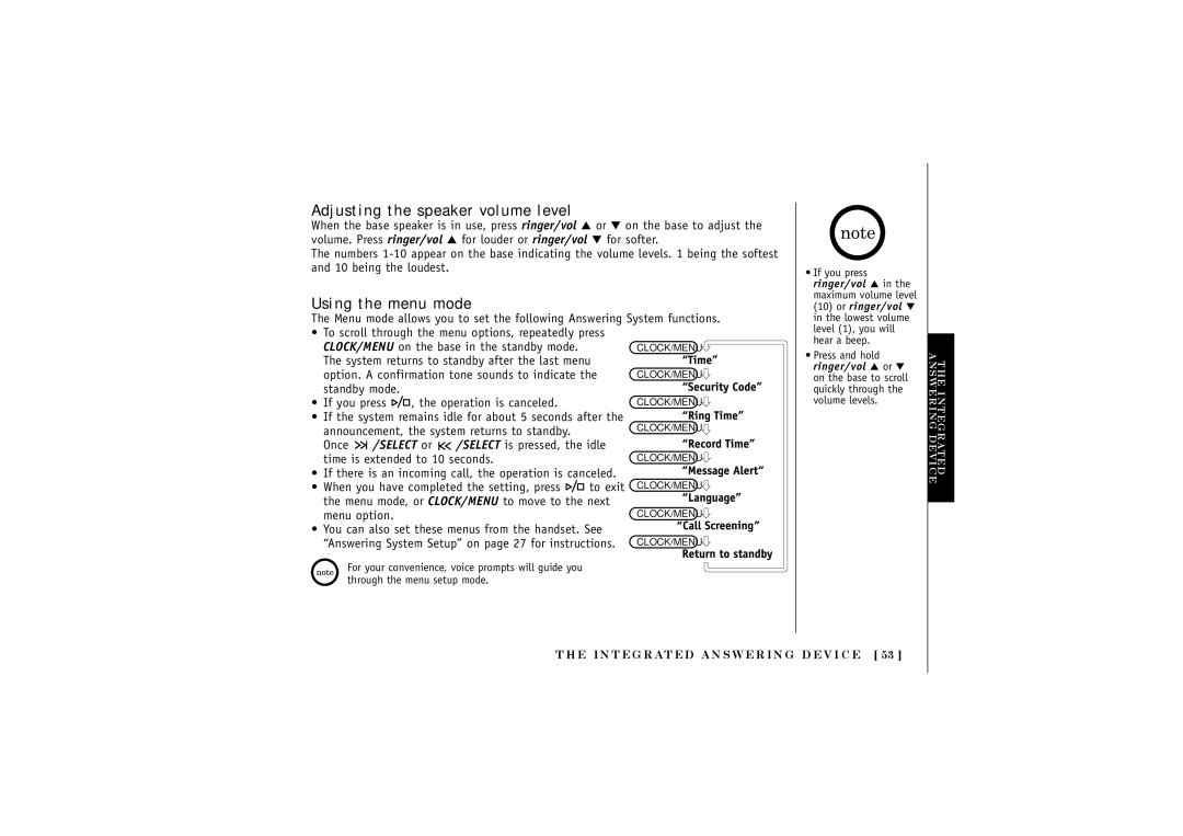 Uniden DCT5280 manual Adjusting the speaker volume level, Using the menu mode 