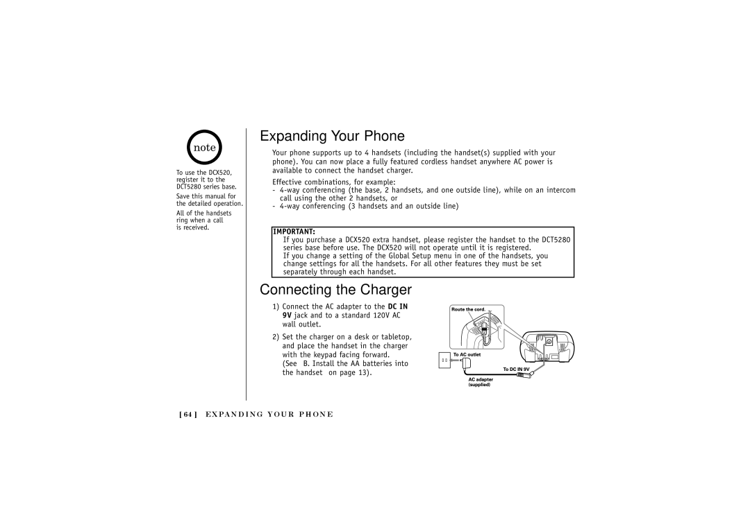 Uniden DCT5280 manual Expanding Your Phone, Connecting the Charger 