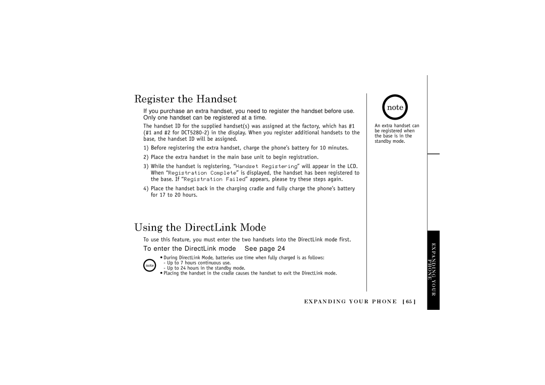 Uniden DCT5280 manual Register the Handset, Using the DirectLink Mode, To enter the DirectLink mode e See 