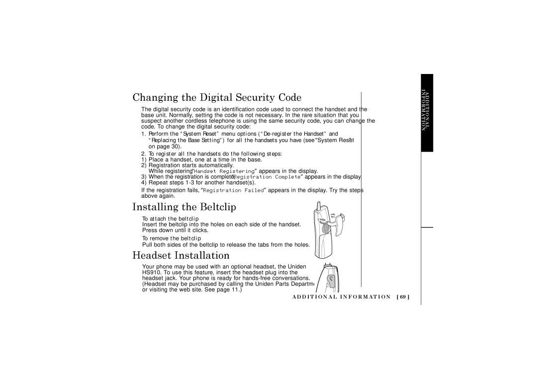 Uniden DCT5280 Changing the Digital Security Code, Installing the Beltclip, Headset Installation, To attach the beltclip 