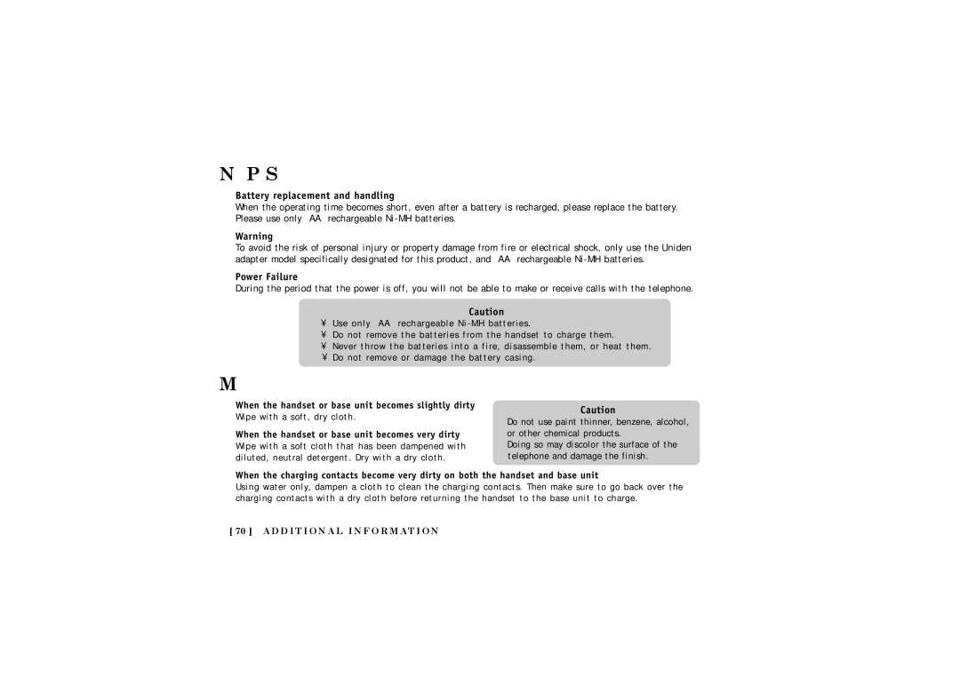 Uniden DCT5280 manual Maintenance, Battery replacement and handling, Power Failure 