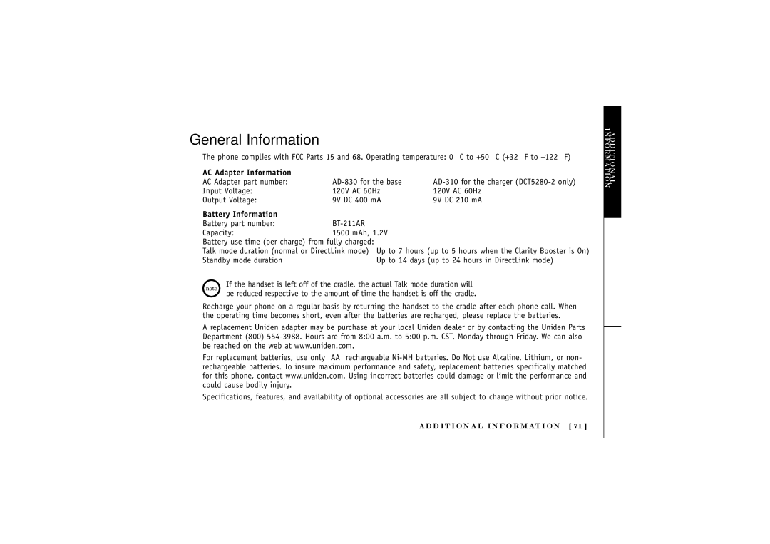 Uniden DCT5280 manual General Information, AC Adapter Information, Battery Information 