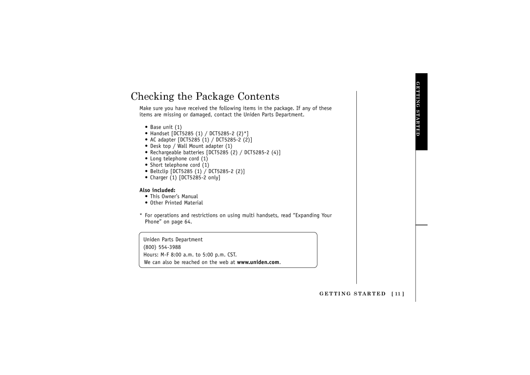 Uniden DCT5285 manual Checking the Package Contents 