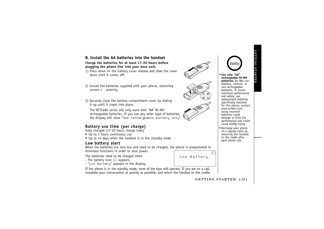 Uniden DCT5285 Install the AA batteries into the handset, Battery use time per charge, Low battery alert, W B a t t e r y 