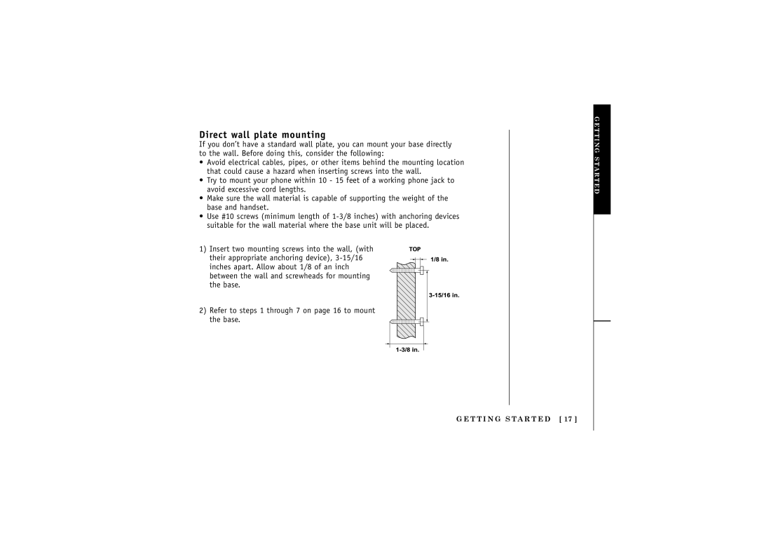 Uniden DCT5285 manual Direct wall plate mounting 