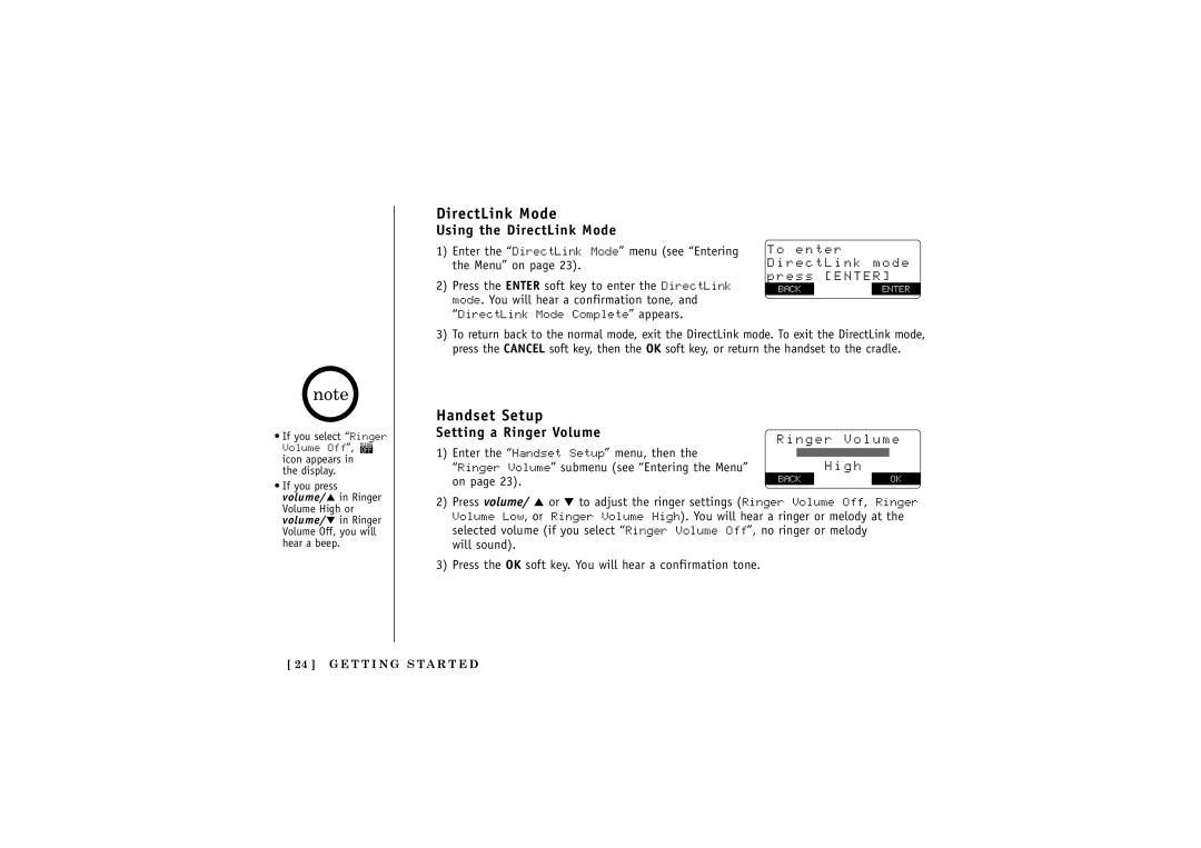 Uniden DCT5285 manual Handset Setup, Using the DirectLink Mode, Setting a Ringer Volume 