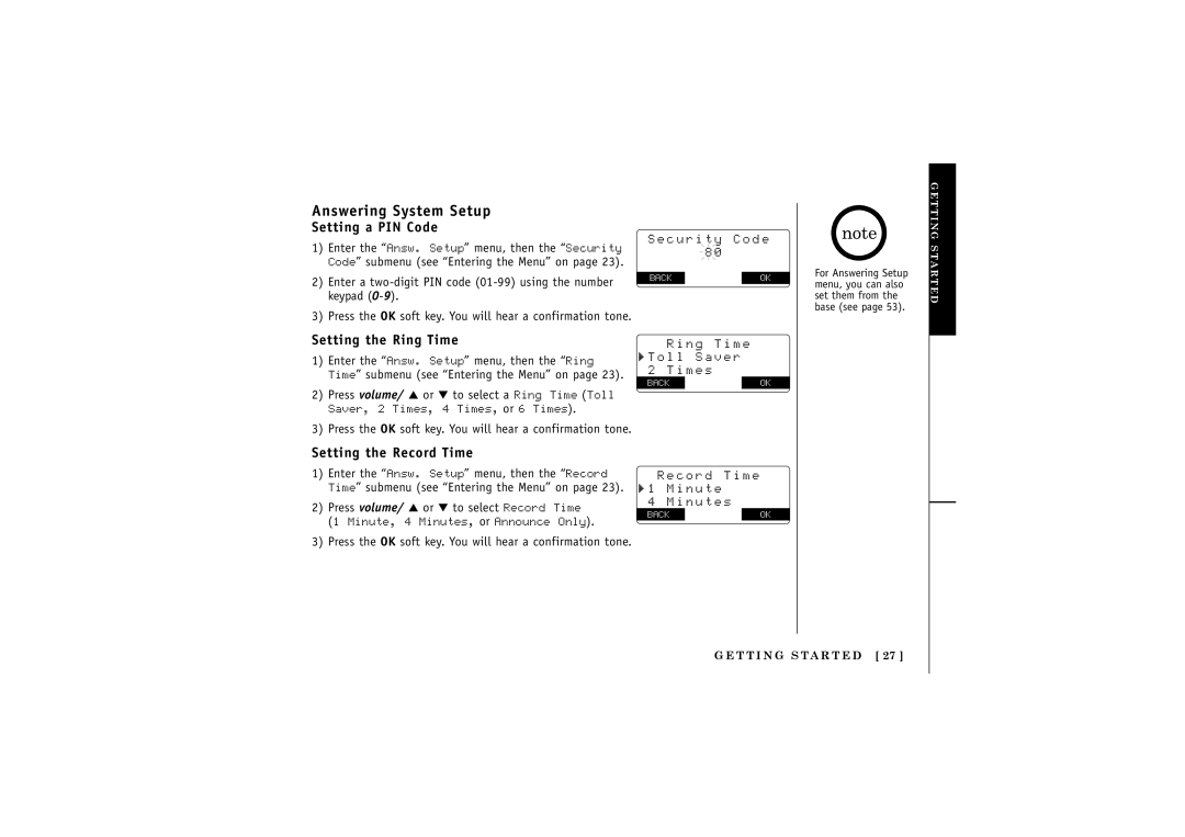 Uniden DCT5285 manual Answering System Setup, Setting a PIN Code, Setting the Ring Time, Setting the Record Time 