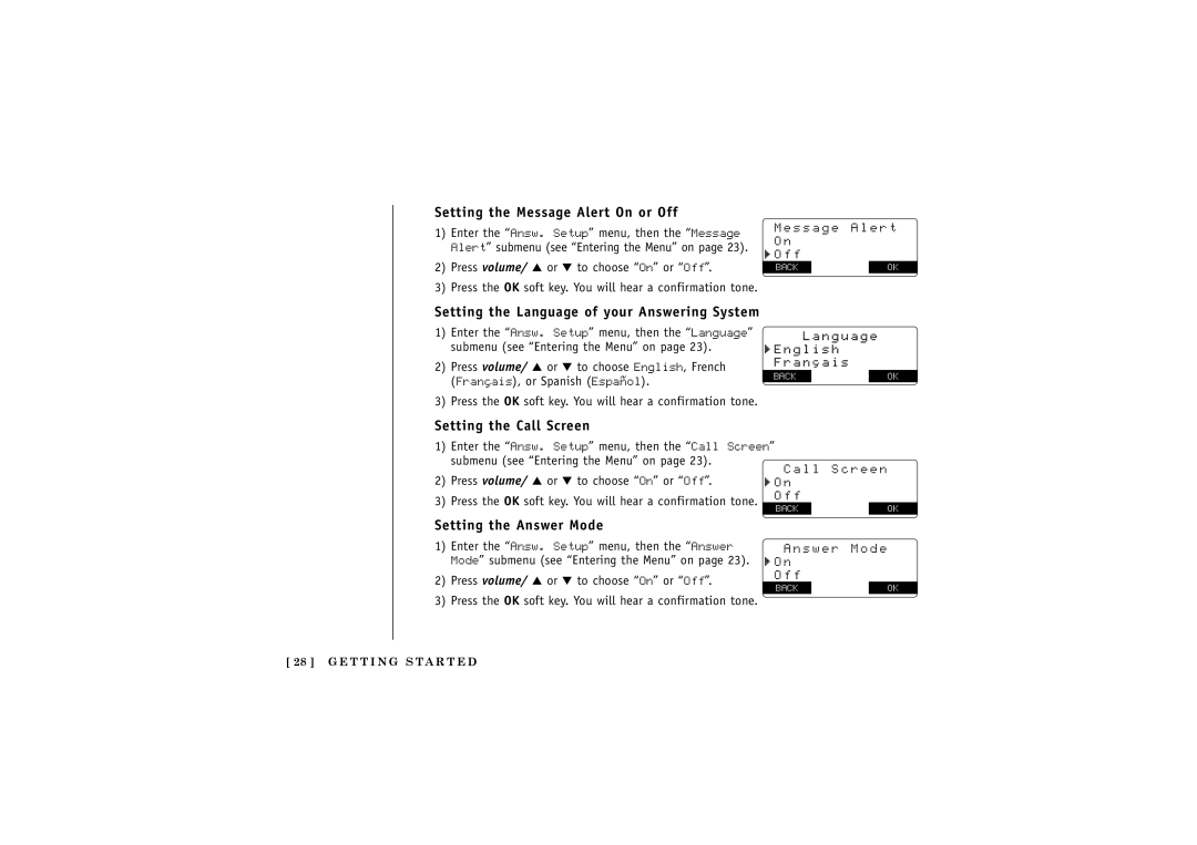 Uniden DCT5285 Setting the Message Alert On or Off, Setting the Language of your Answering System, Setting the Call Screen 