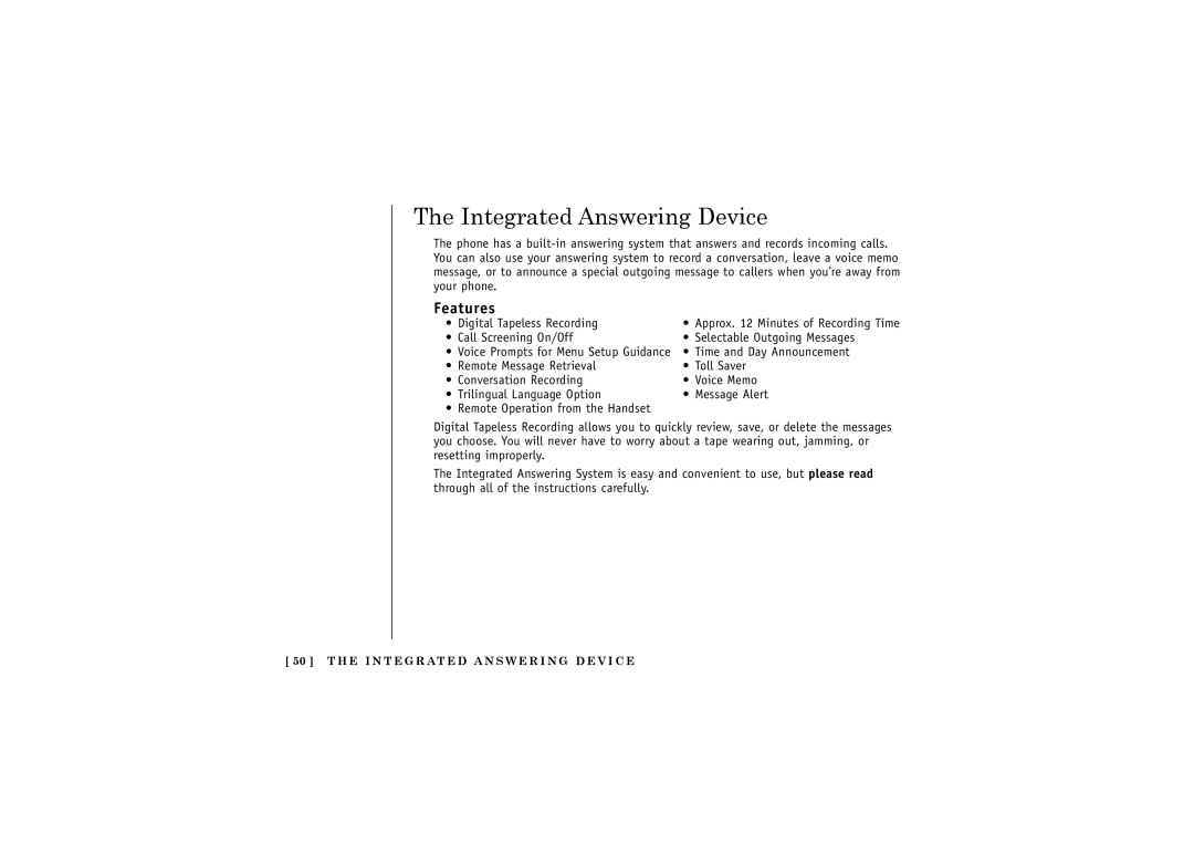 Uniden DCT5285 manual Integrated Answering Device, Features 