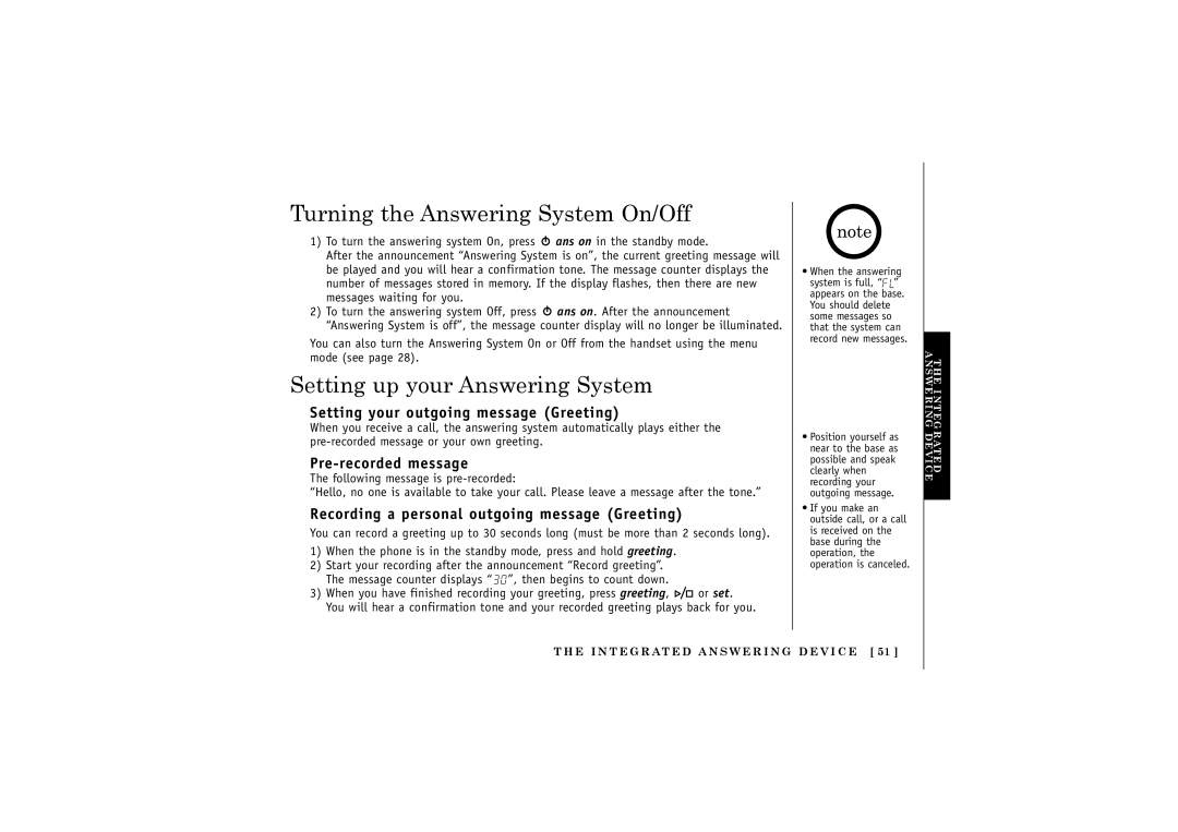 Uniden DCT5285 manual Turning the Answering System On/Off, Setting up your Answering System, Pre-recorded message 