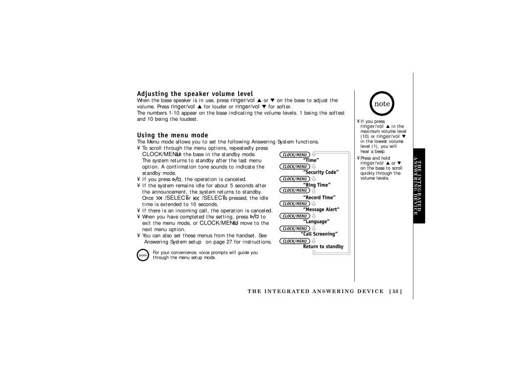 Uniden DCT5285 manual Adjusting the speaker volume level, Using the menu mode 