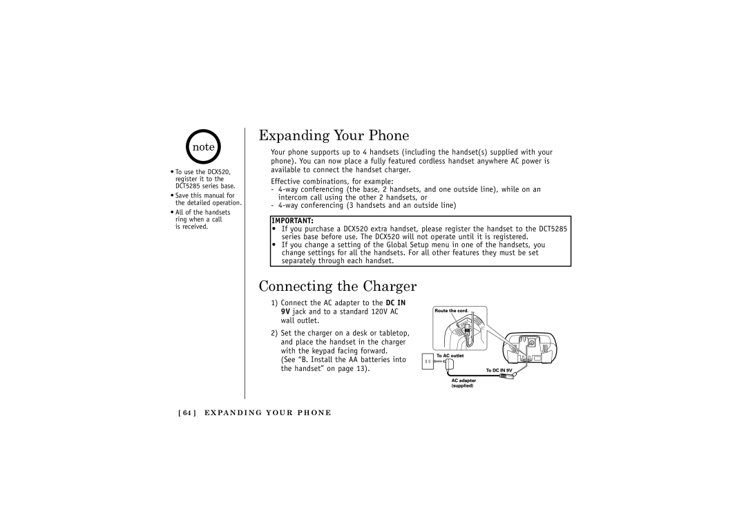 Uniden DCT5285 manual Expanding Your Phone, Connecting the Charger 