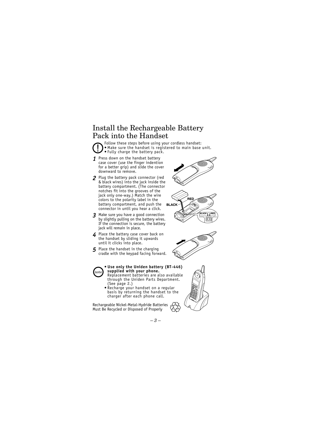 Uniden Uniden DCX640, DCT646 manual Install the Rechargeable Battery Pack into the Handset 