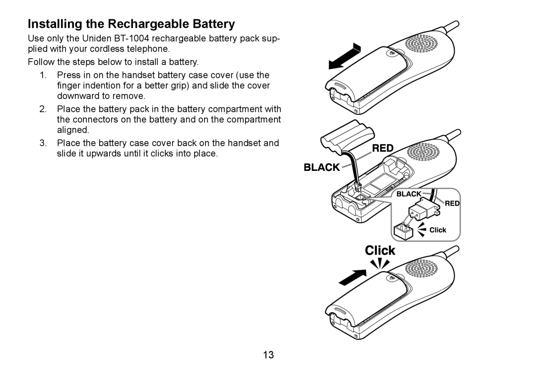 Uniden DCT736 manual Installing the Rechargeable Battery 