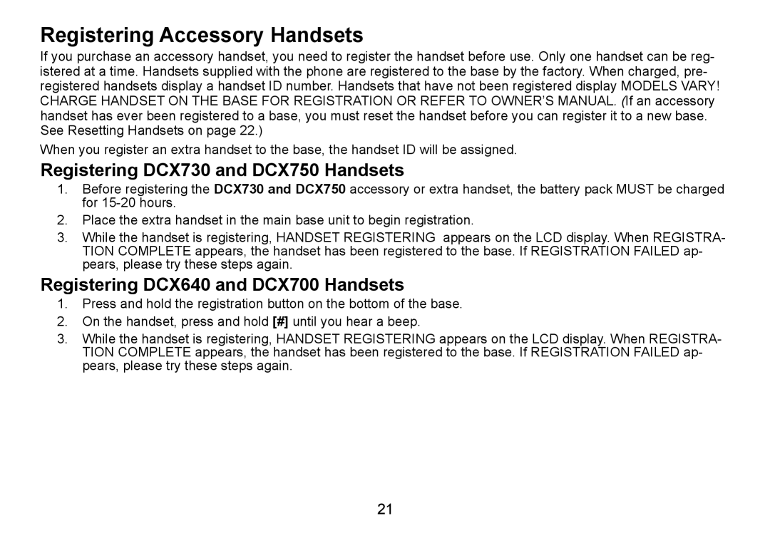 Uniden DCT736 manual Registering Accessory Handsets, Registering DCX730 and DCX750 Handsets 