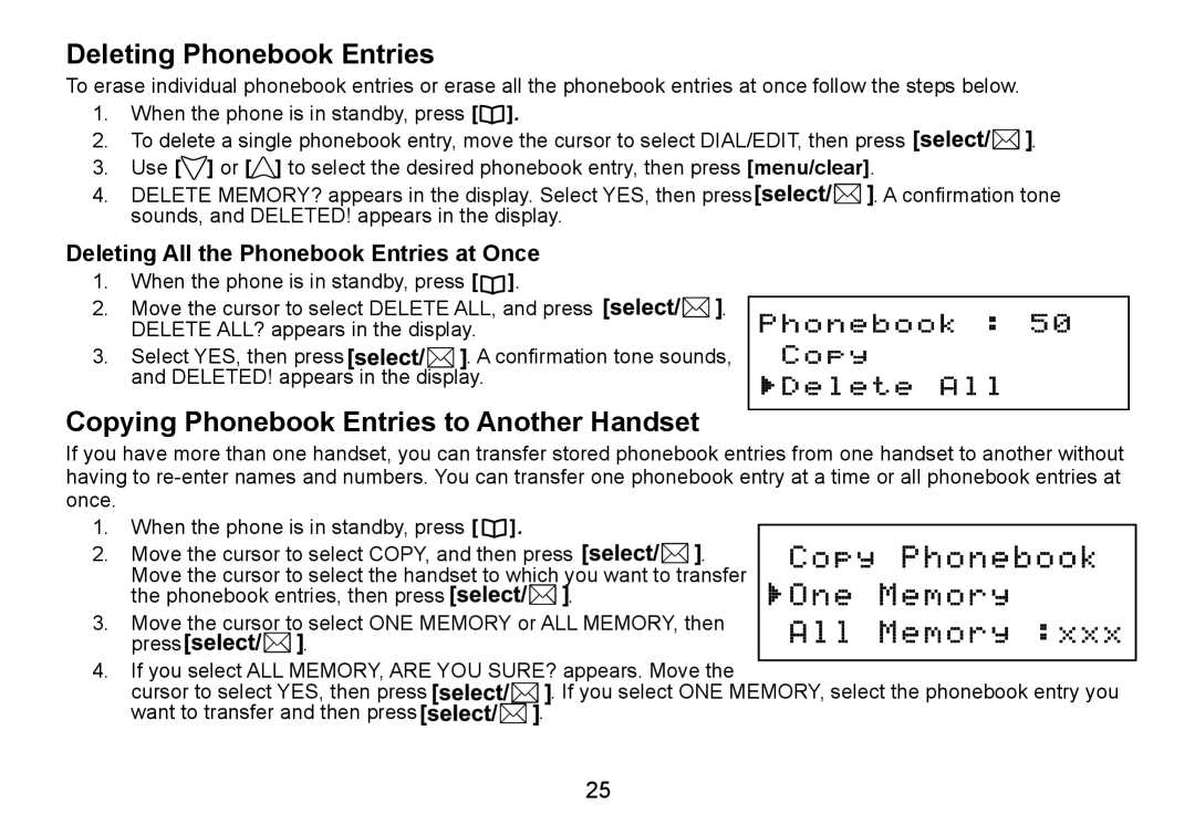 Uniden DCT736 manual Deleting Phonebook Entries, Copying Phonebook Entries to Another Handset 