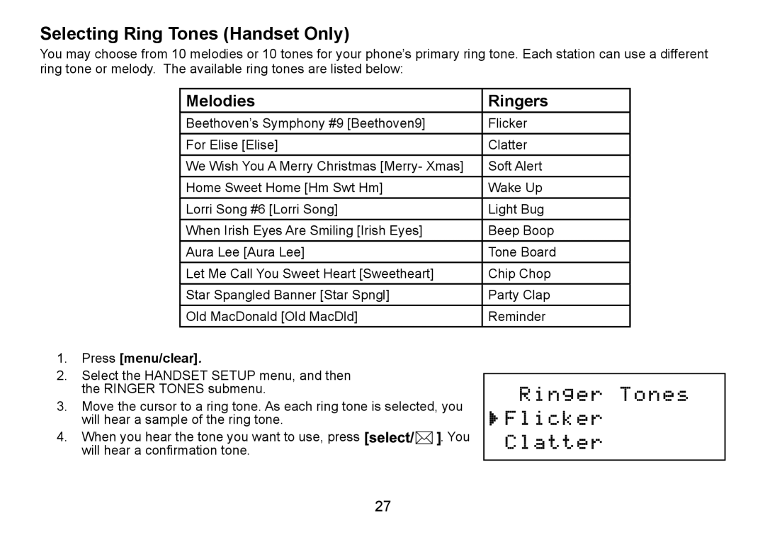 Uniden DCT736 manual Selecting Ring Tones Handset Only, Melodies Ringers 