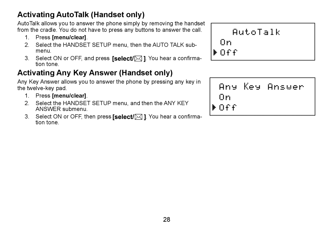 Uniden DCT736 manual Activating AutoTalk Handset only, Activating Any Key Answer Handset only 