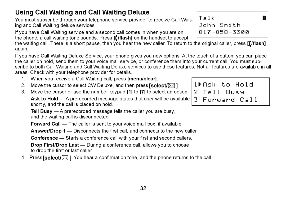 Uniden DCT736 manual Using Call Waiting and Call Waiting Deluxe 