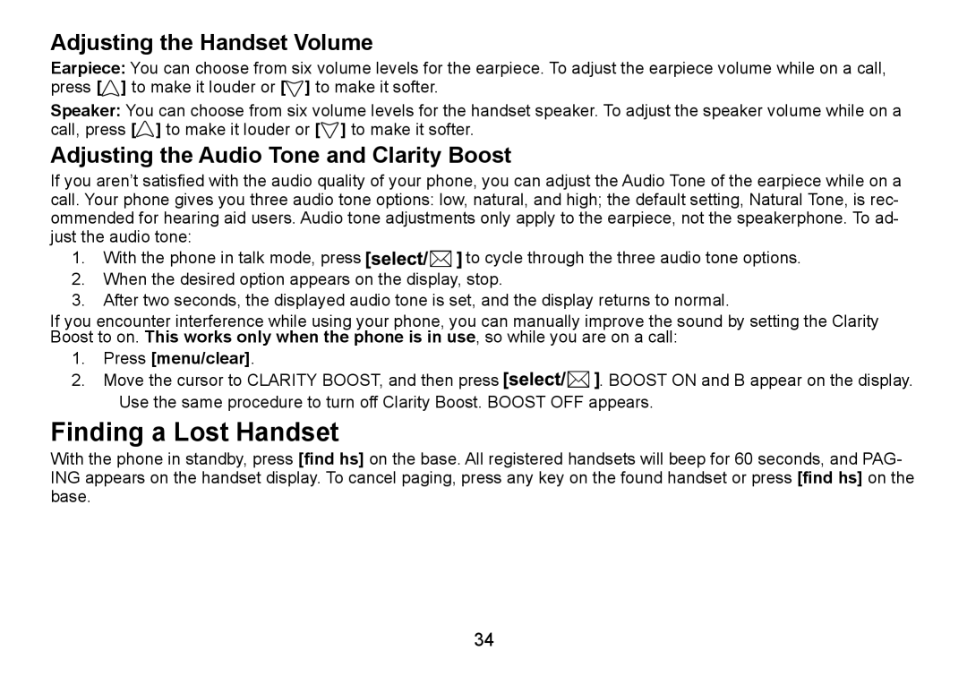 Uniden DCT736 manual Finding a Lost Handset, Adjusting the Handset Volume, Adjusting the Audio Tone and Clarity Boost 