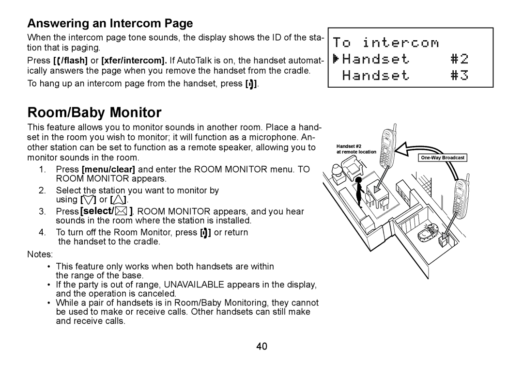 Uniden DCT736 manual Room/Baby Monitor, Answering an Intercom 