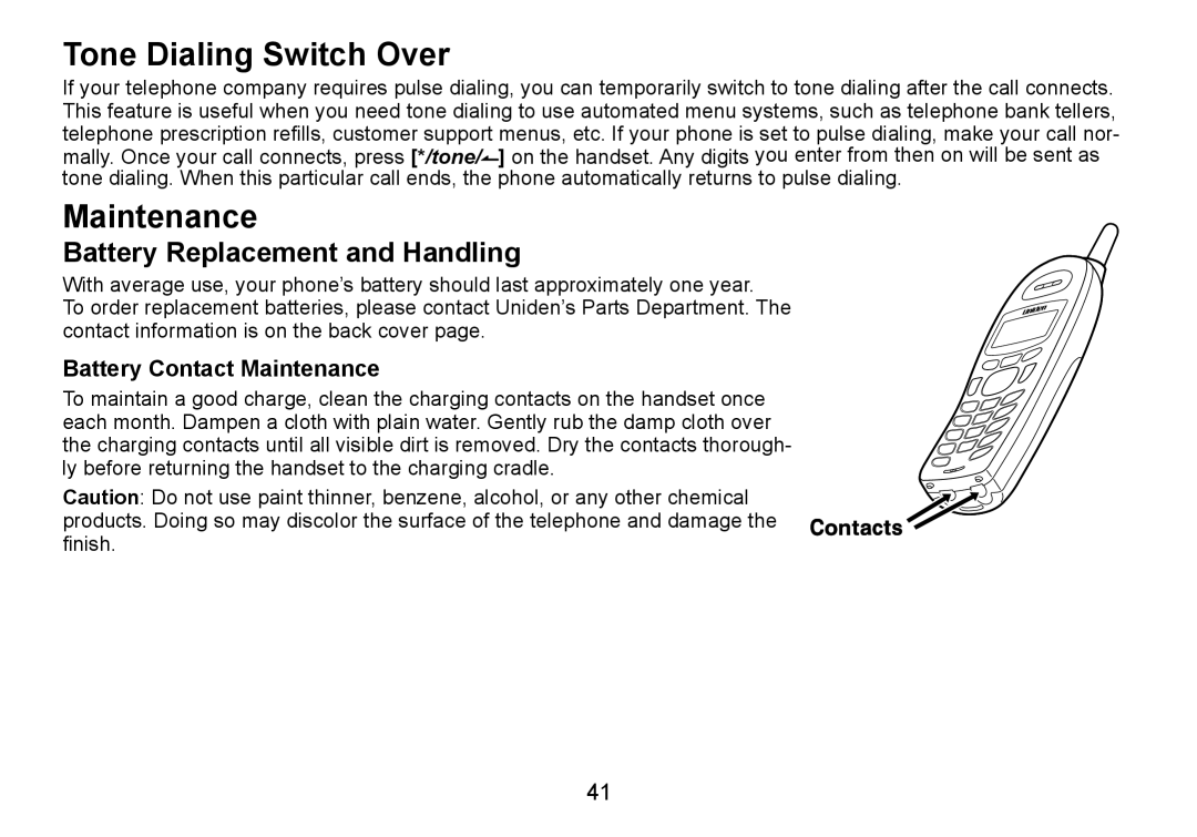 Uniden DCT736 manual Tone Dialing Switch Over, Battery Replacement and Handling, Battery Contact Maintenance 