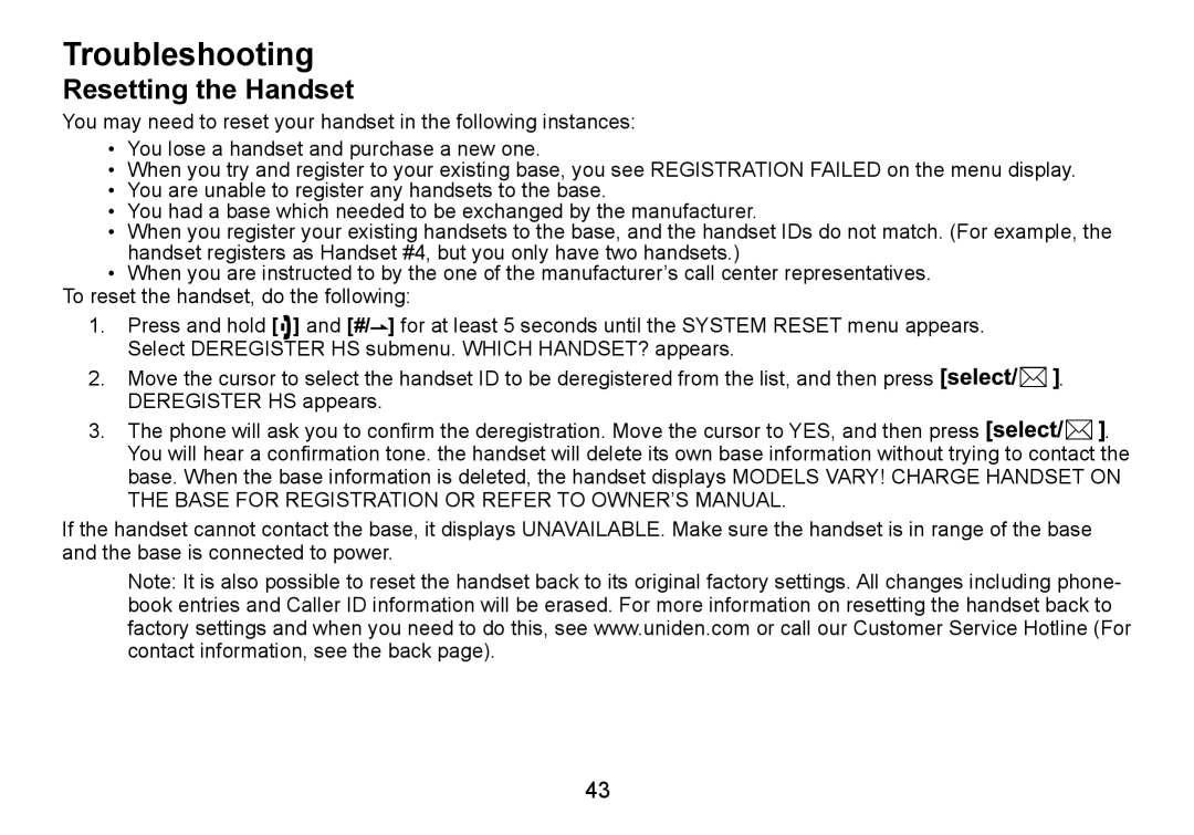 Uniden DCT736 manual Troubleshooting, Resetting the Handset 