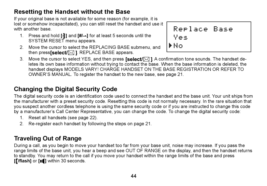 Uniden DCT736 manual Resetting the Handset without the Base, Changing the Digital Security Code, Traveling Out of Range 