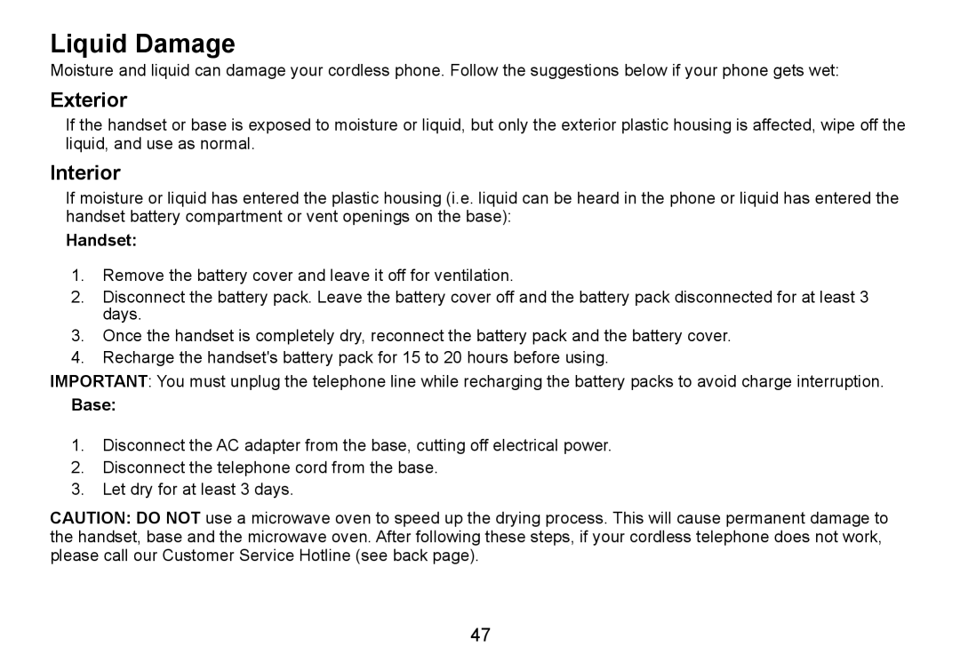 Uniden DCT736 manual Liquid Damage, Exterior 