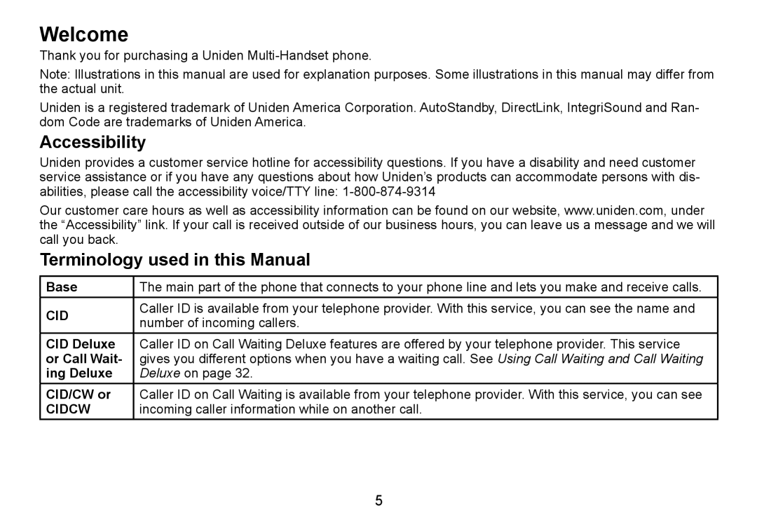 Uniden DCT736 manual Welcome, Accessibility, Terminology used in this Manual 