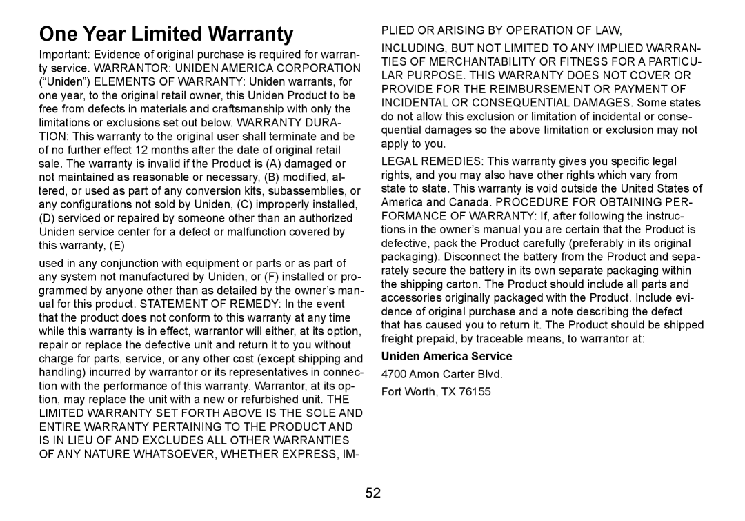 Uniden DCT736 manual One Year Limited Warranty, Plied or Arising by Operation of LAW 