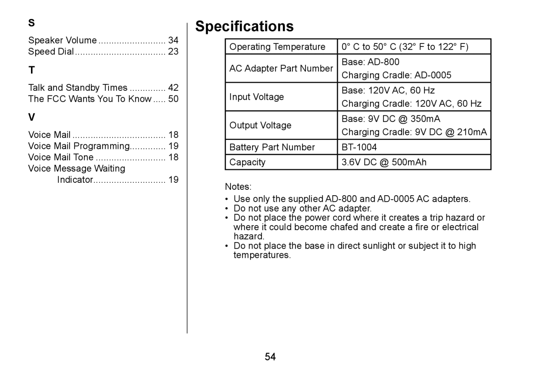 Uniden DCT736 manual Specifications 