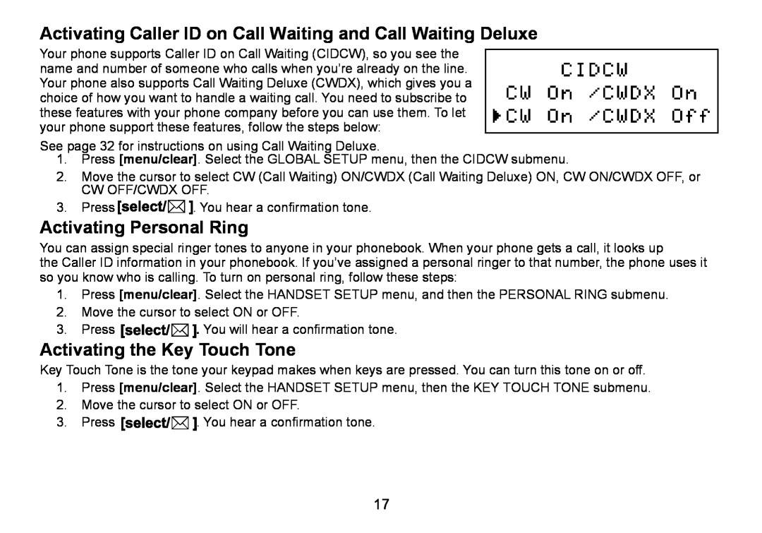 Uniden DCT736 manual Activating Caller ID on Call Waiting and Call Waiting Deluxe, Activating Personal Ring 