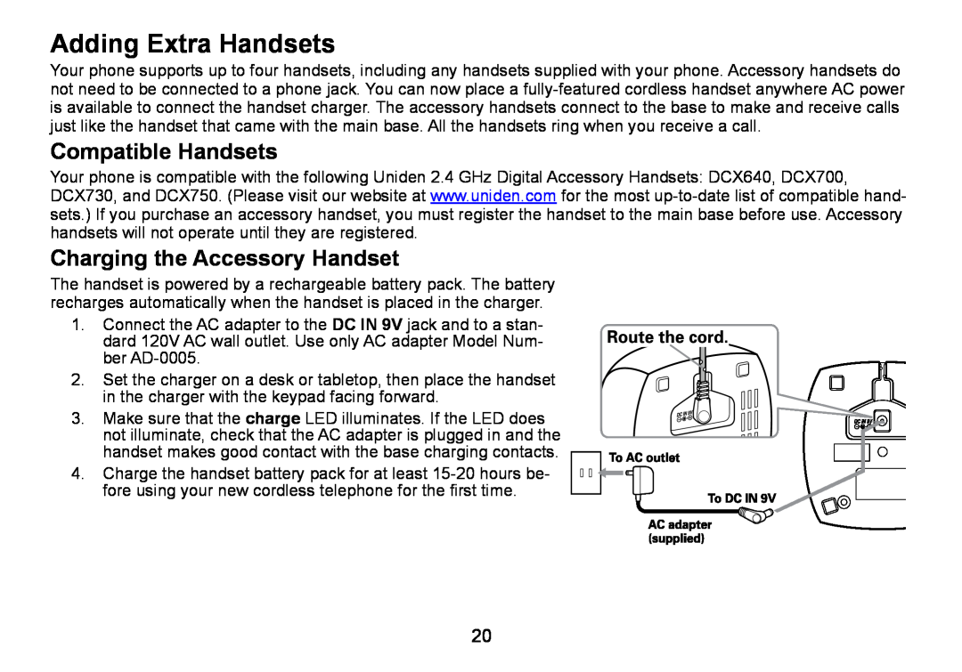 Uniden DCT736 manual Adding Extra Handsets, Compatible Handsets, Charging the Accessory Handset 