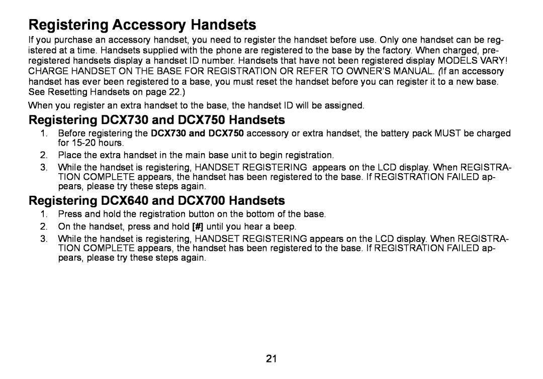 Uniden DCT736 manual Registering Accessory Handsets, Registering DCX730 and DCX750 Handsets 