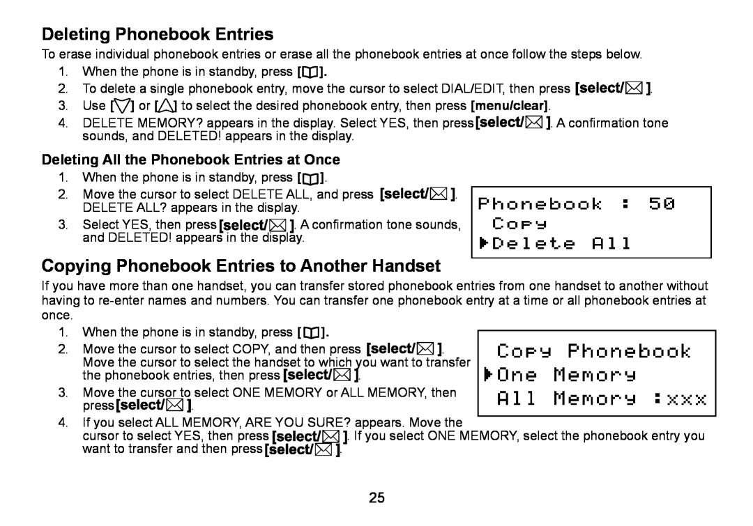 Uniden DCT736 manual Deleting Phonebook Entries, Copying Phonebook Entries to Another Handset 